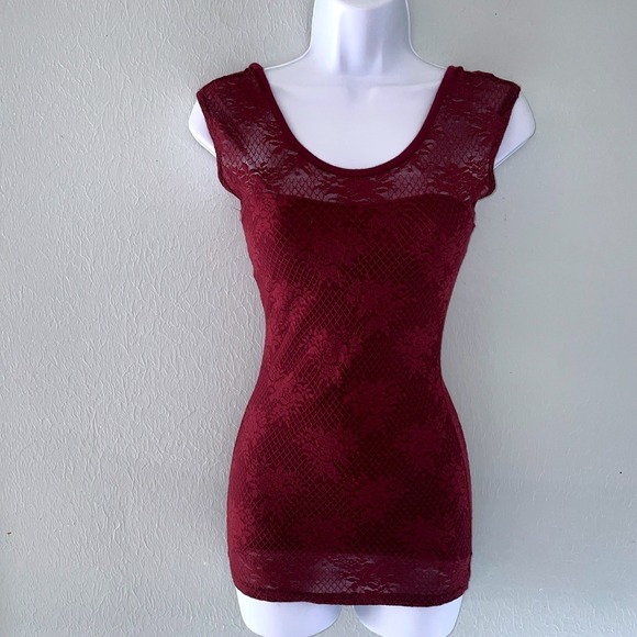 Casual Classic Tops - Vintage Y2K Mesh Lace Floral Burgandy Red Fitted Top Long Sheer Vamp Goth Small